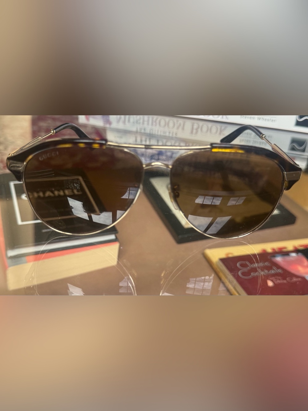 Gucci Men's Brown Tortoiseshell Aviator Sunglasses with Gold Trim